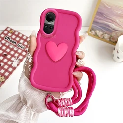 Love Heart Wavy Silicone Case with Lanyard Wrist Strap Cover for OPPO A78 4G (AXDS Rose red)