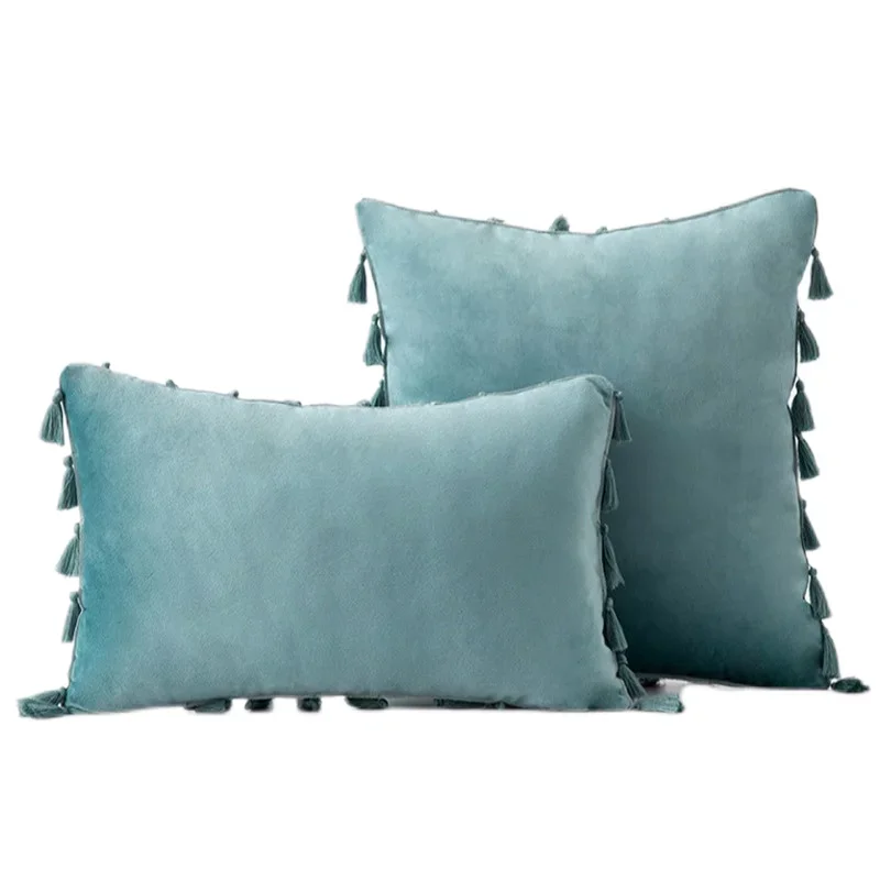 

Inyahome Water Blue Velvet Soft Solid Decorative Throw Pillow Cover with Tassels Fringe Boho Cushion Case for Couch Sofa Bed