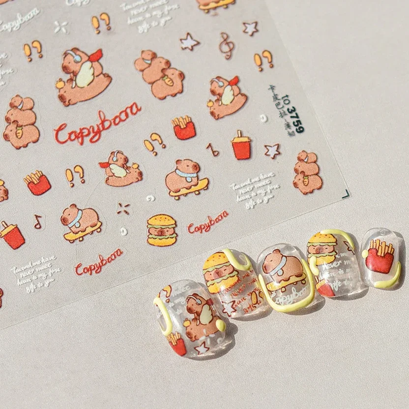 Cartoon Cute Capybara Hamster Brown Kapibala Soft Embossed Reliefs Self Adhesive Nail Art Decoration Stickers 3D Manicure Decals