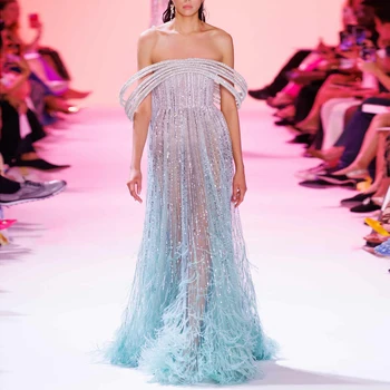 Luxury Feathers Aqua Turquoise Evening Dresses Off Shoulder Beyonce Celebrity Prom Party Dress for Wedding 435 1