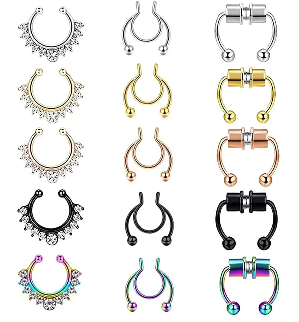 

15 Pieces False Nose Ring Stainless Steel False Septum Ring Artificial Non Perforated Clip Type Nose Ring For Woman Man Metal