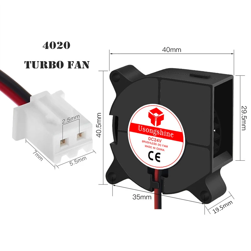 Advanced Brushless Cooling Turbo Fan for 3D Printers - 12V/24V Dual Voltage, 2-Pin DC Extruder Cooler Blower in Black Plastic