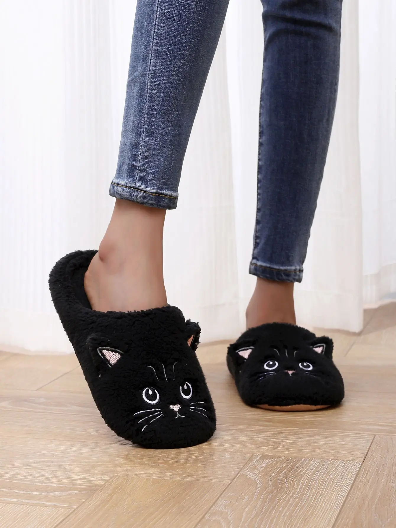 Comwarm Winter-Plüschfutter-Hausschuhe für Damen und Herren, niedliche Katze, Baumwoll-Slides, EVA-Unterseite, rutschfeste Sandalen für zu Hause, flauschige warme Hausschuhe – Detail 7