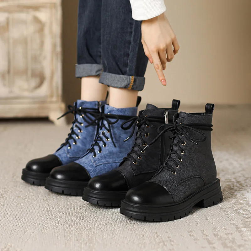 

Phoentin Denim Boots Woman Comfortable Platform Round Toe Shoes Women Side Zip Closure Leather Patchowork Footwear 2023 FT2901