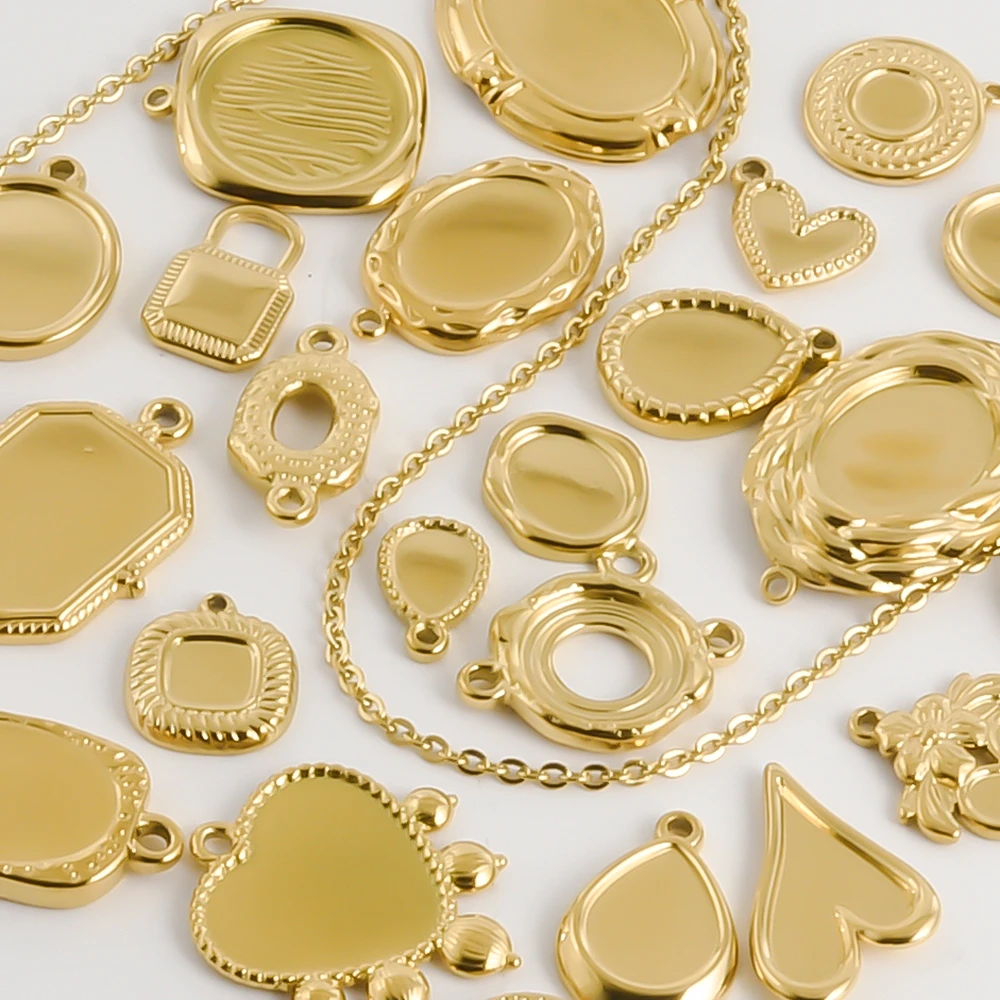 6 teile/los Hohe Qualität Blank Tablett Herz Oval Runde Geometrische Edelstahl Charms Für Schmuck Machen Emaille Stein DIY Anhänger
