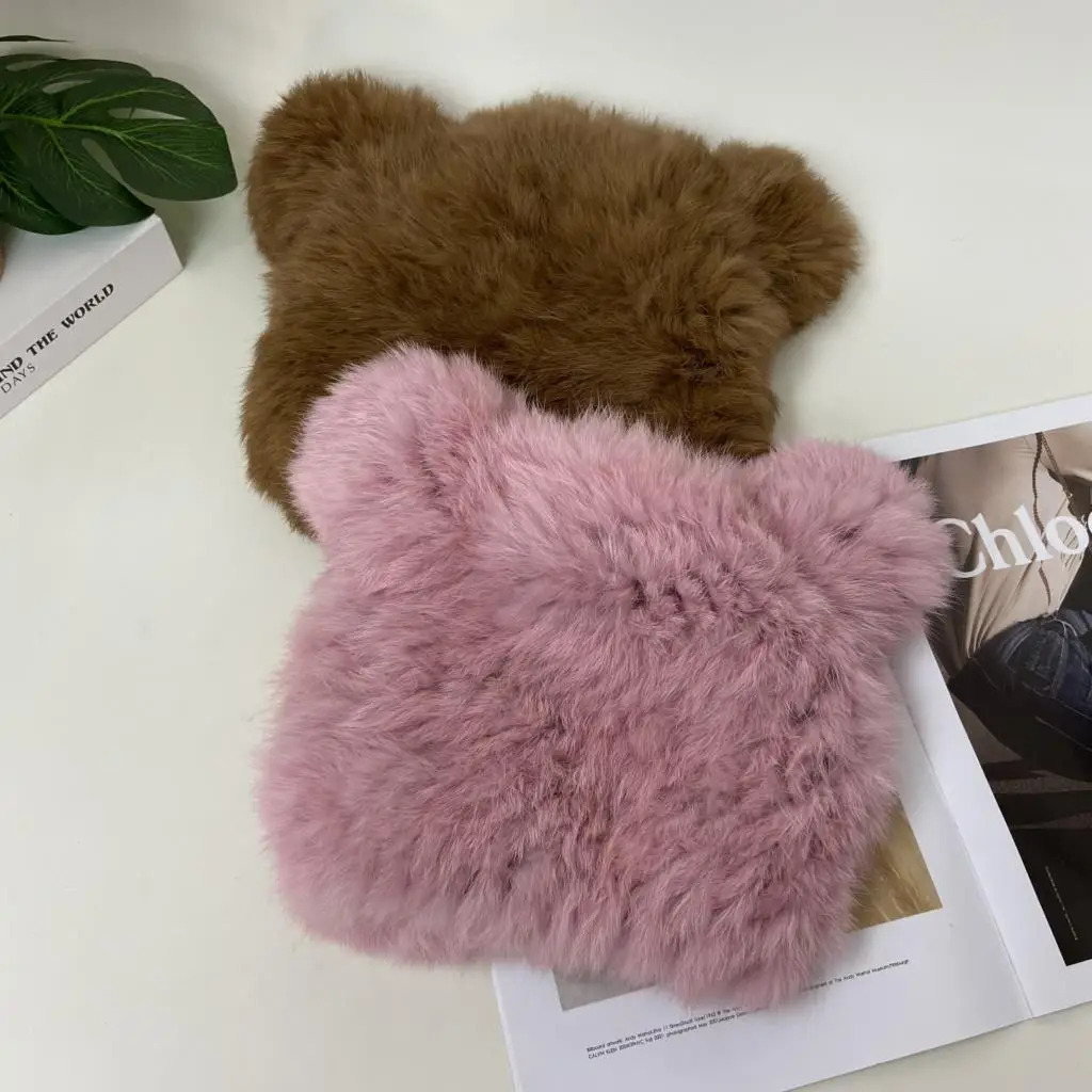 Mädchen Winter warme Mützen flauschige Strick Kaninchenfell Ohrmütze Mode süße schwarze Kawaii Mütze – Detail 4