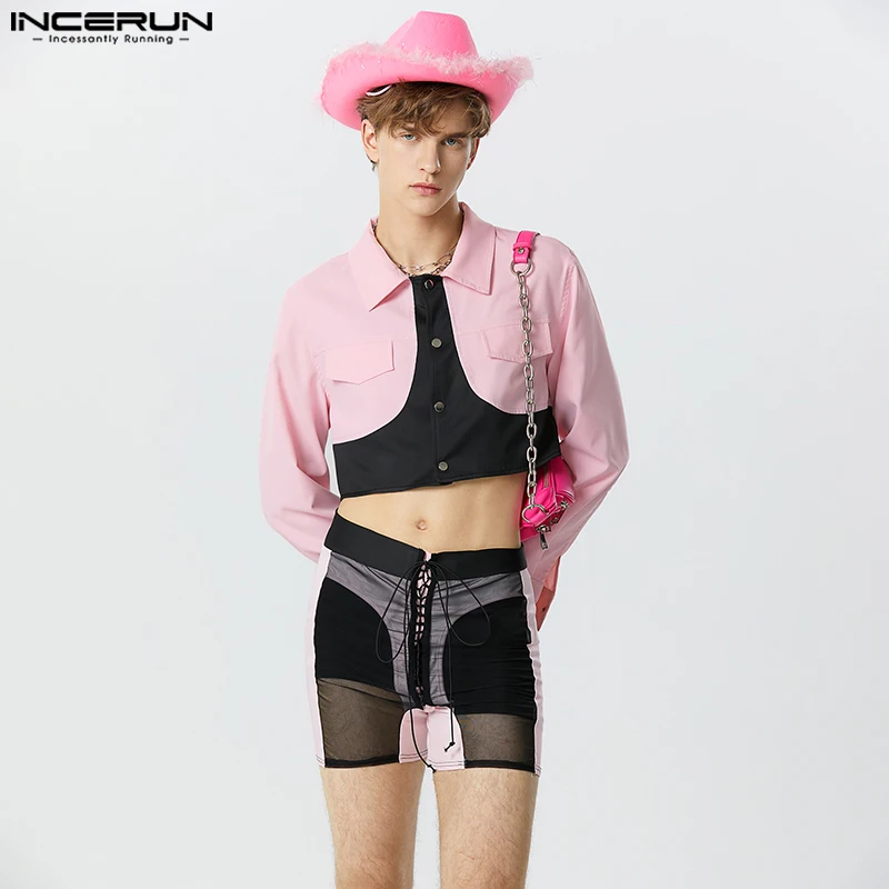 

Men Sets Patchwork Lapel Long Sleeve Crop Jackets & Lace Up Shorts 2PCS Streetwear 2023 Sexy Fashion Men's Suits S-5XL INCERUN