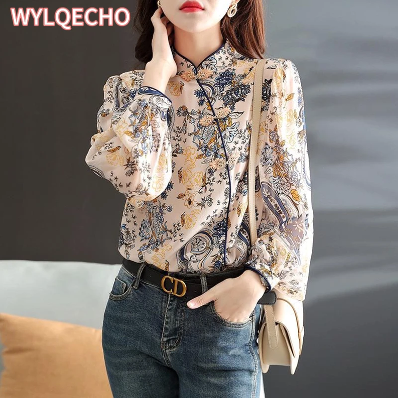 Vintage Chinese Stand Collar Cheongsam Button Top Women's New Fashion Long Sleeve Flower Printed Elegant Retro Blouse