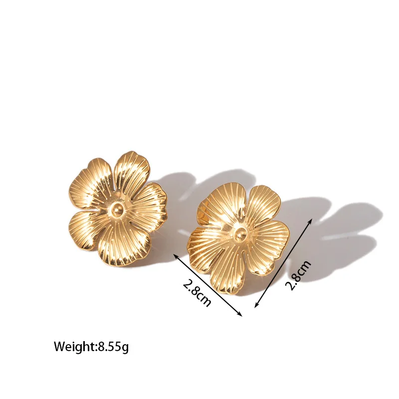 Keen-on Fashion Stainless Steel Metal Flower Stud Earrings Hot Style Waterproof Texture Trendy Jewelry 18K Gold Color Plated 6