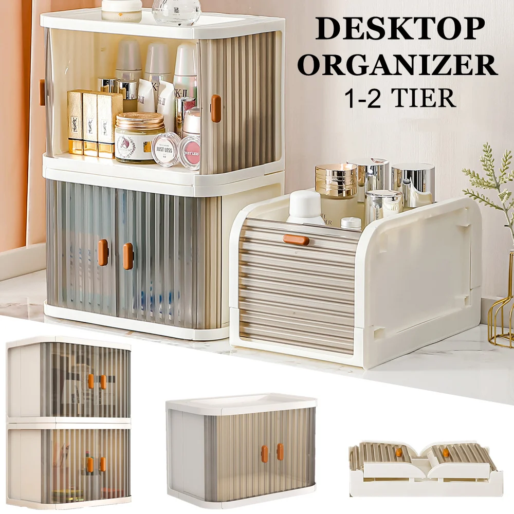 1-2 Tier Folding Desktop Organizer, Stackable Storage Box, Space-Saving Cabinet  Organizer, Organizer for Office Bathroom Kitchen