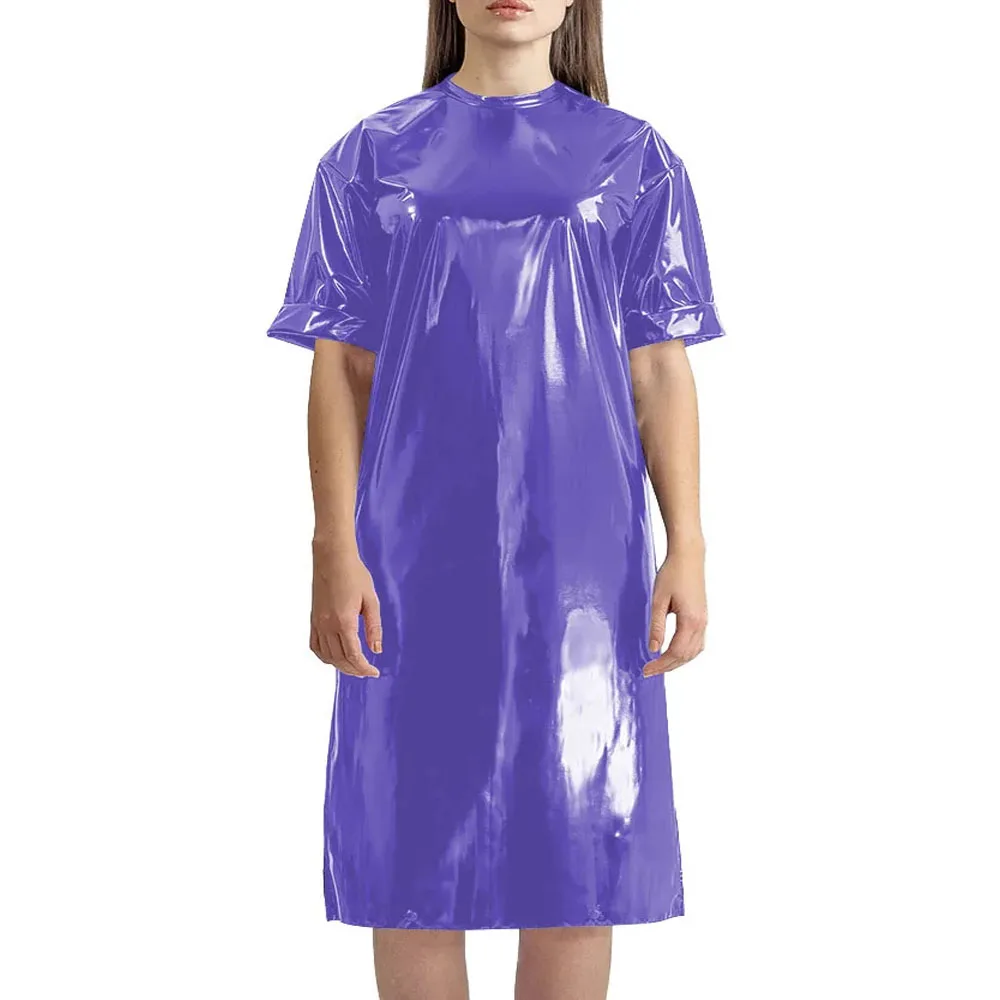 Plus Size Womens Loose Fitting T-shirt Dress Shiny PVC Leather Short Sleeve O-neck Over Knee Dress Punk Solid Color Long T-Shirt 3