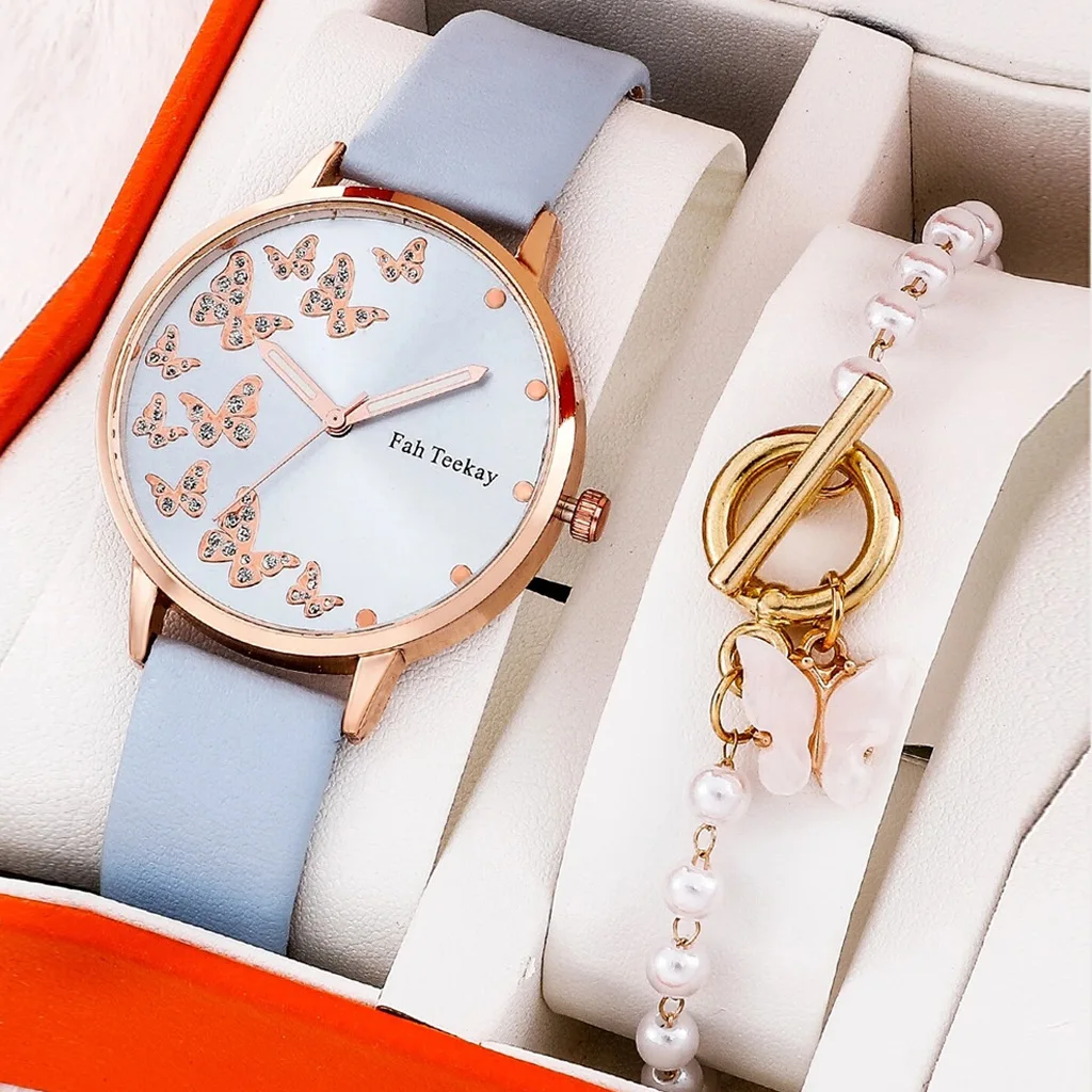 

Luxury Women's Wristwatch Butterfly Elegant Ladies Watch Bracelet 2 Pcs Set Fashion Quartz Leather Female Clock Gift reloj mujer