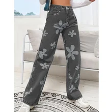 

Women Jeans Spring and Summer Fashion Printed Loose Denim Straight-Leg Pants Streetwear Vintage Women's High Waist Button Jeans