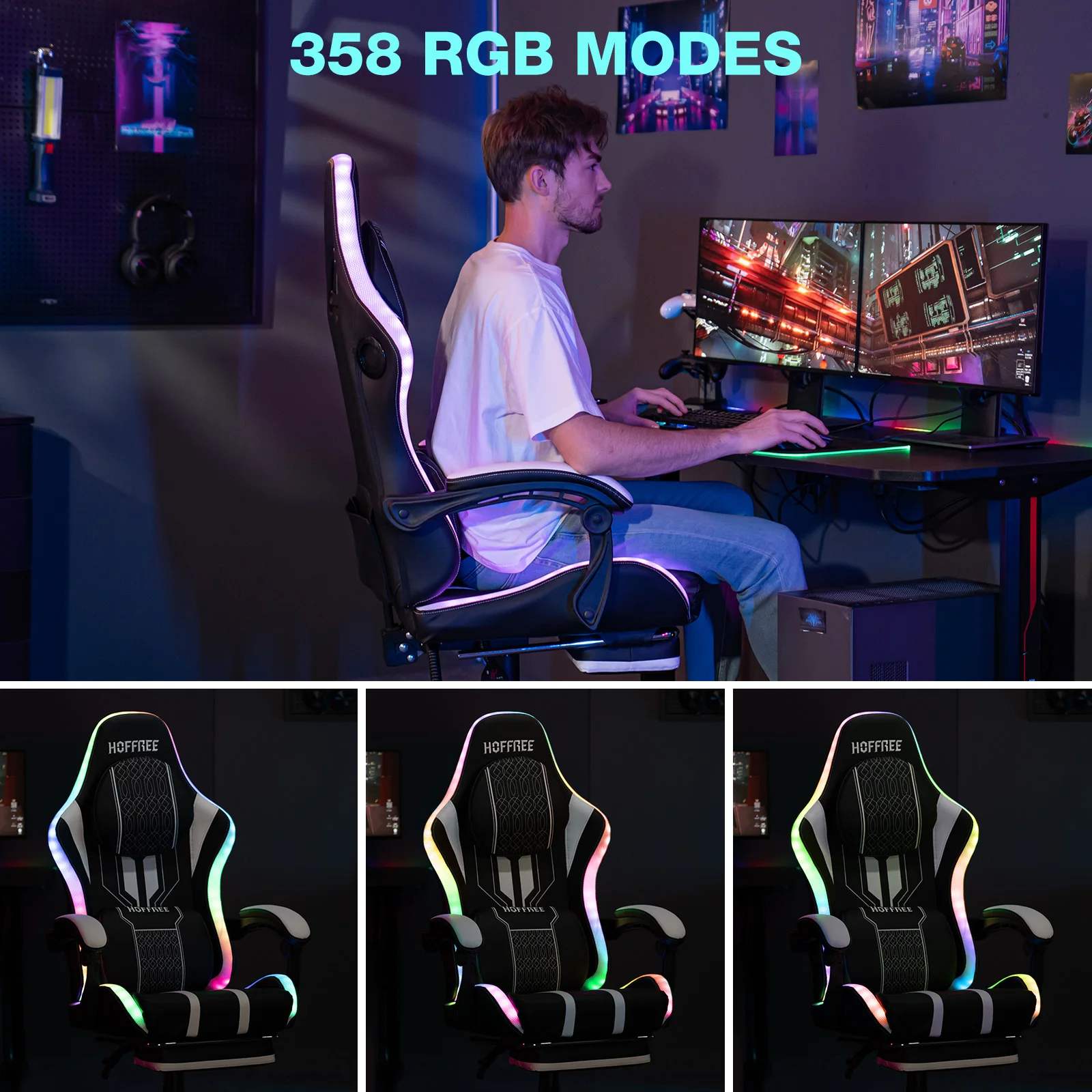 Gaming Chair Bluetooth Speaker Office Chair Ergonomic LED Lights Massage Adjustable Height Armrests Headrest Lumbar Support 3