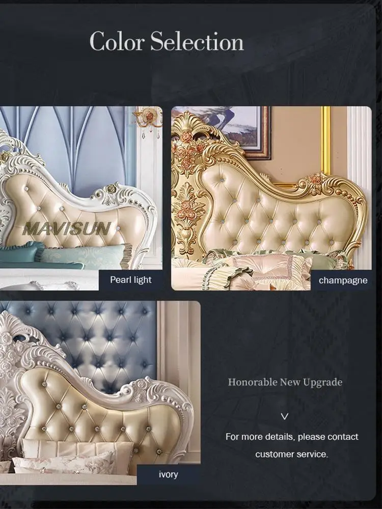 Champagne Gold Light Luxury European Double Bed Classic Wedding Bed High Quality Leather Solid Wood Frame Furniture For Bedroom