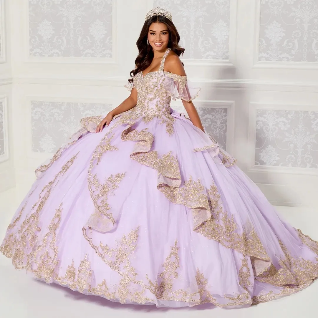 

Lilac Charro Quinceanera Dresses Ball Gown Off The Shoulder Tulle Appliques Puffy Mexican Sweet 16 Dresses 15 Anos