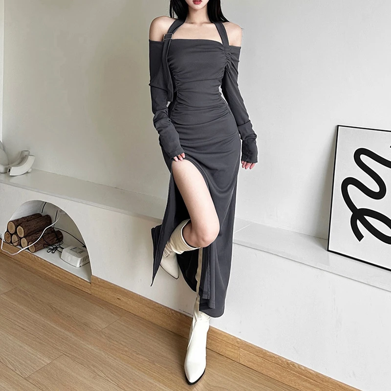 y2k Wasteland Dress Women Grunge Solid Color Long Sleeve High Split Halter Bodycon Dresses 2000s Party Dresses Clubwear