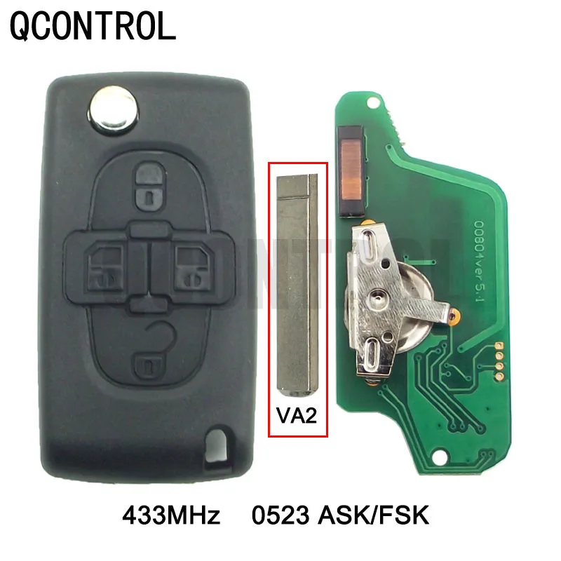 QCONTROL 433MHz  Car Remote Key Fits for Peugeot 207 307 308 407 807 Expert Partner CC SW (CE0523 ASK/FSK) 4 Buttons VA2 Blade