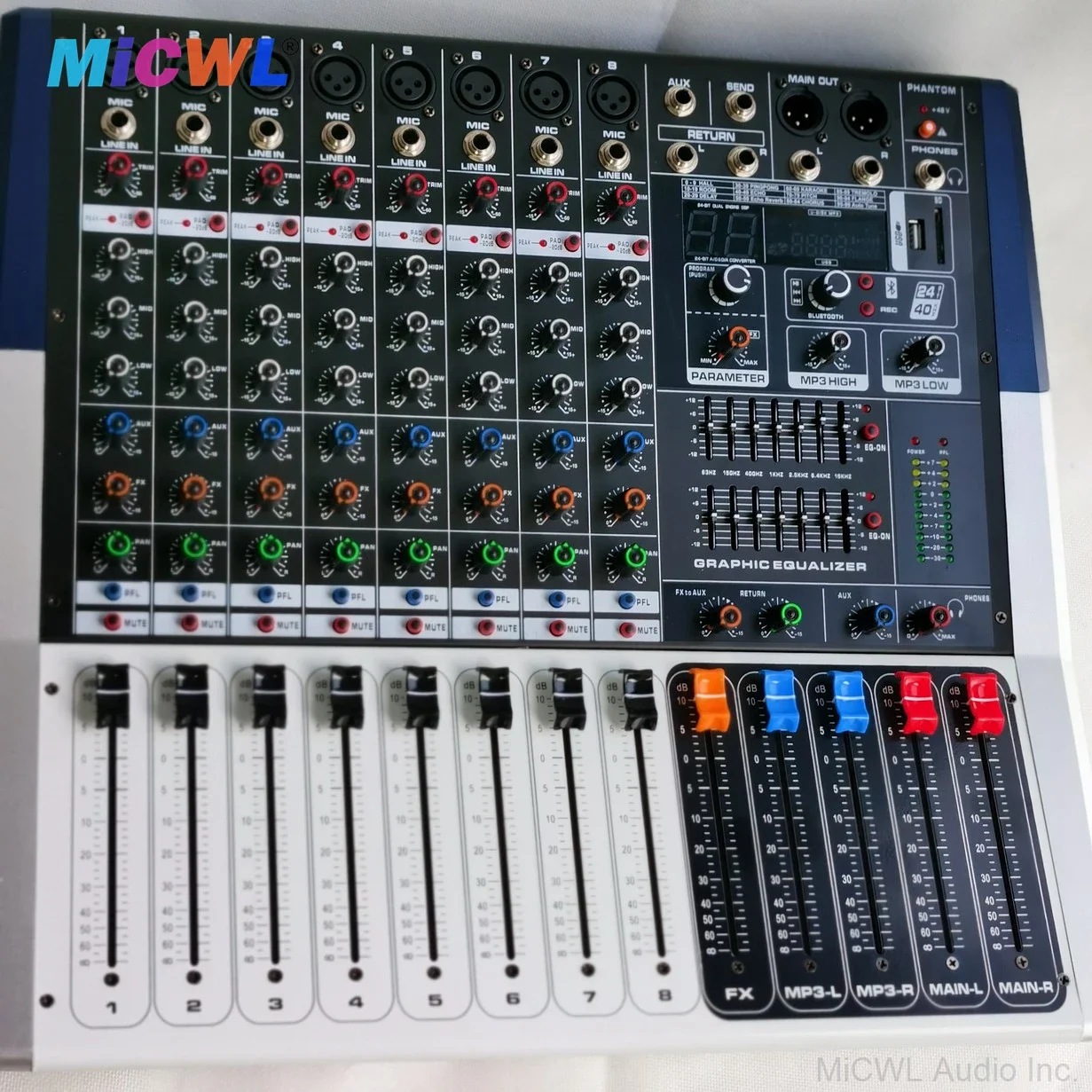 최고급 1000W 파워 믹서 앰프 8채널 사운드 믹싱 콘솔 48V 블루투스 무선 마이크 입력 MiCWL PH08-1000W
