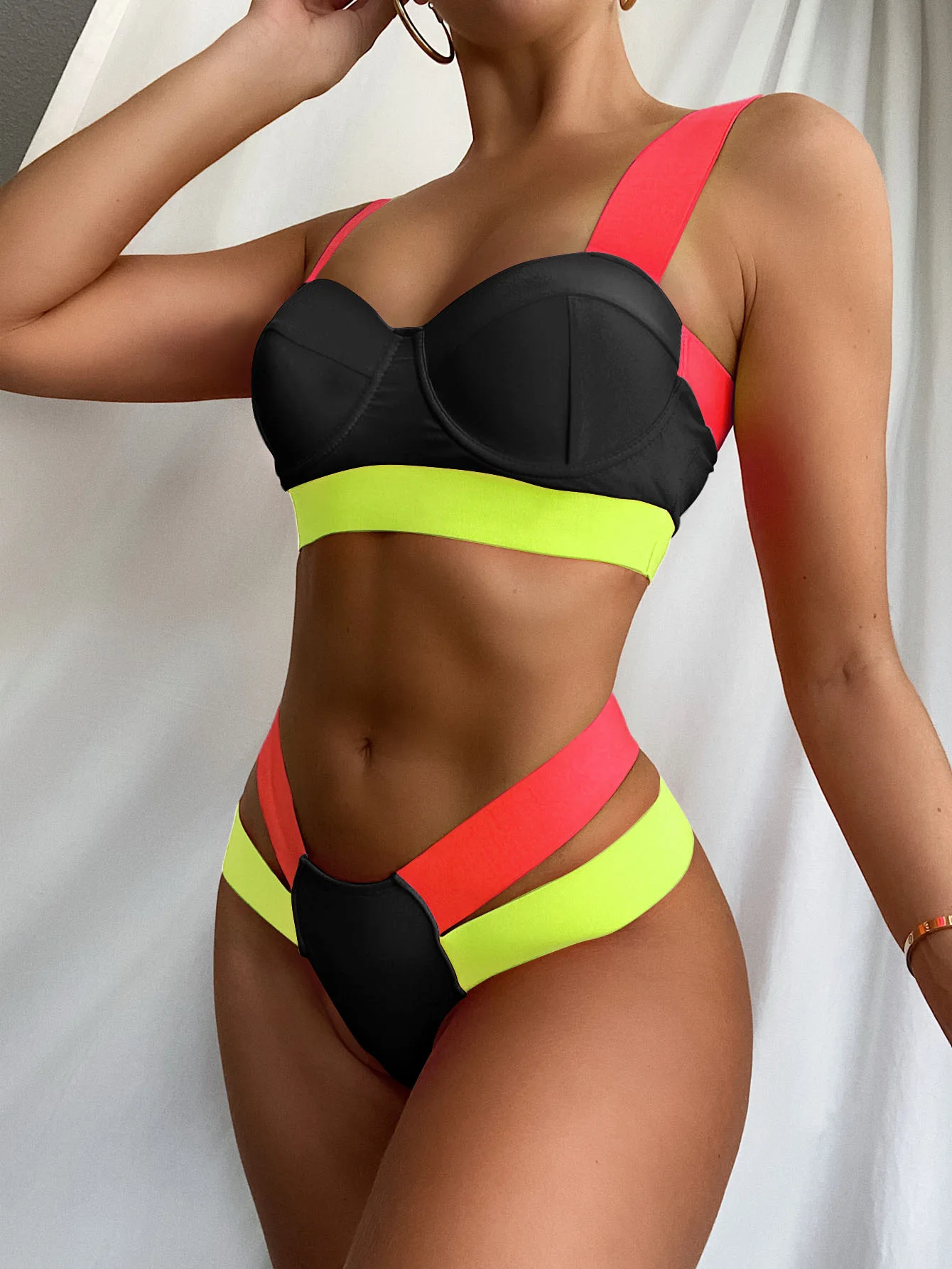 Bikini Set Swimwear Women Bathing Suit  Color contrast bandage bikini rigid steel bracket swimsuit Push Up Swimsuit Bikini Women