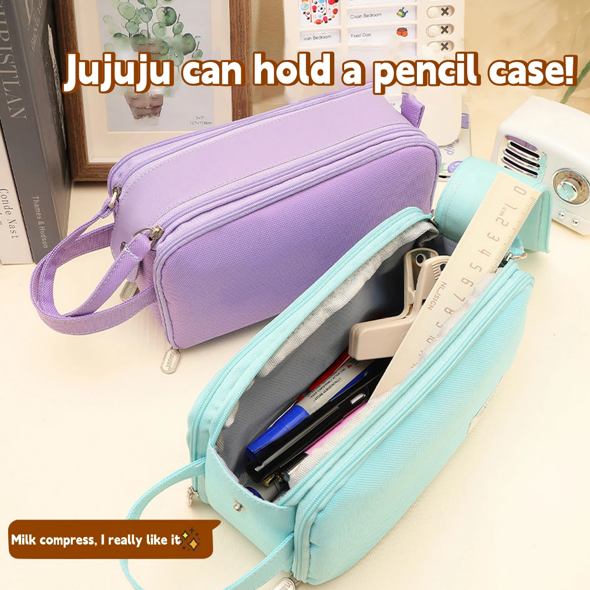 카와이 휴대용 연필 케이스, 대용량 인스 문구 보관 가방, 다기능 펜 박스, 학교 사무용품 문구