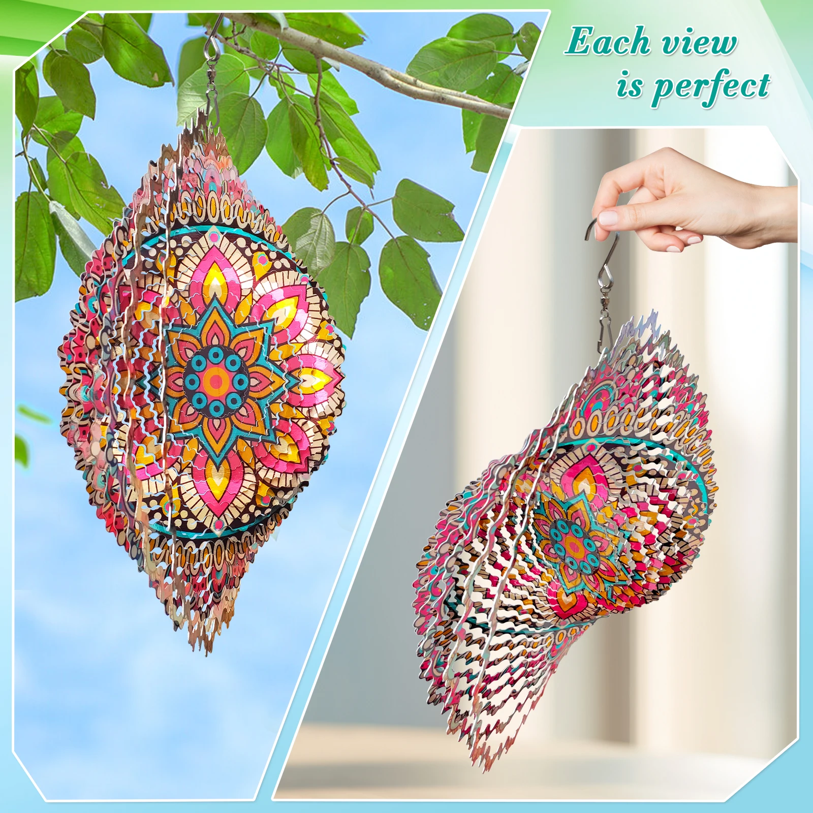 THEYUFA Wind Spinners Mandala Blossom 3D Kinetic Yard Garden, Laser Cut Metal Art Outdoor Patio Backyard Porch Spring Gift 12in