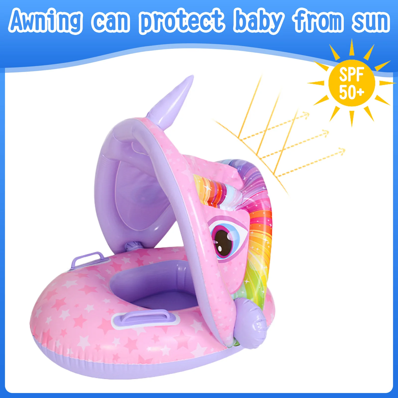 Kids Baby Inflatable Swim Ring Float Seat Cartoon Swimming Seat with Sunshade Awning Fun Pool Toys for Swimming Pool Bathtub