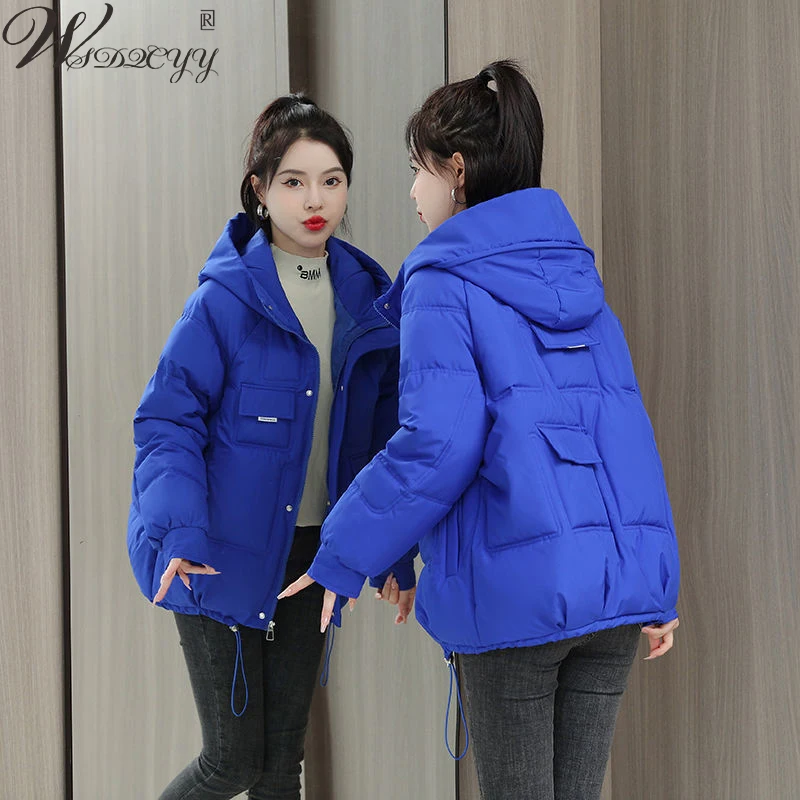 Winter Short Parkas Women Solid Hooded Cotton Down Padded Jacket Plus Size Pocket Thick Loose Overcoat Korean Long Sleeve Coat