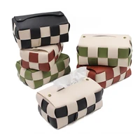Checkerboard Woven Tissue Box Waterproof PU Leather Tissue Storage Box Square Car Tissue Organizer Desktop Home Decoration 1