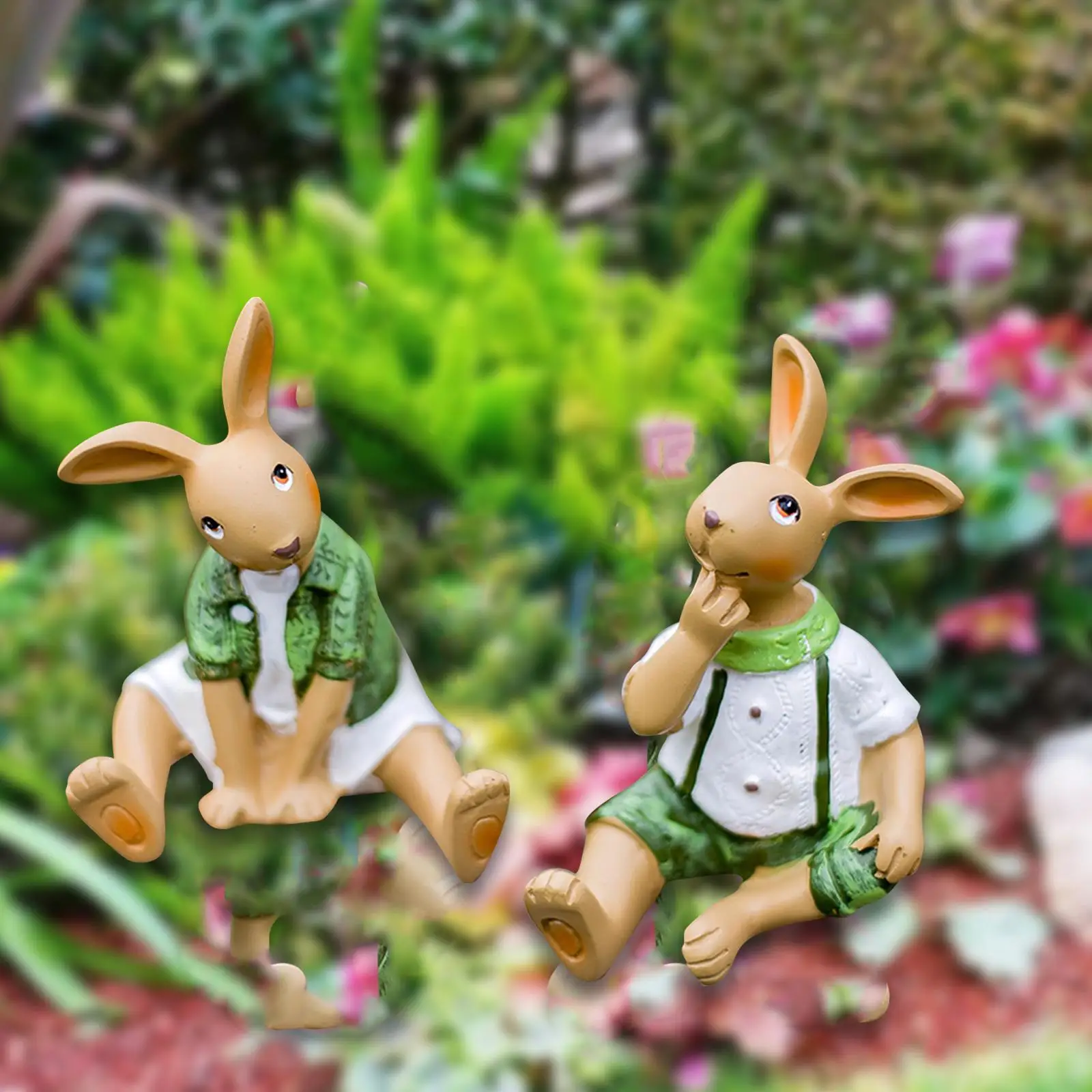 2x Garden Rabbit Statues Resin Art Decoration Patio Gifts for Mom Grandma Women Sittinging Bunny Sculpture Funny Bunny Figurines