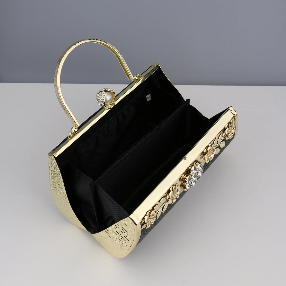 Golden Evening Clutch Bag with Diamonds and Flower Print