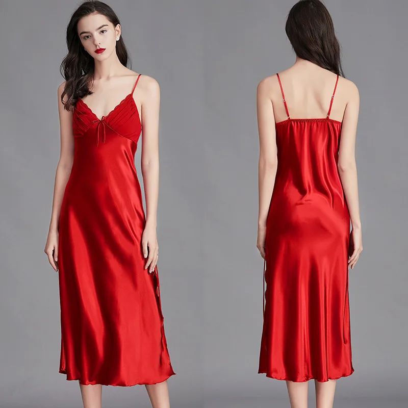 Large size Suspender Nightdress female summer women ice silk silk nightdress sexy long style home clothes