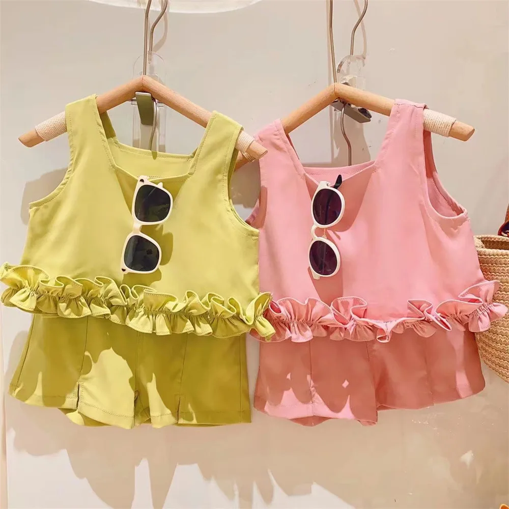 

Girl Lovely Princess 2pcs Suits Children Baby Kids Summer Lace Sleeveless Brim Vest+Shorts Birthday Party