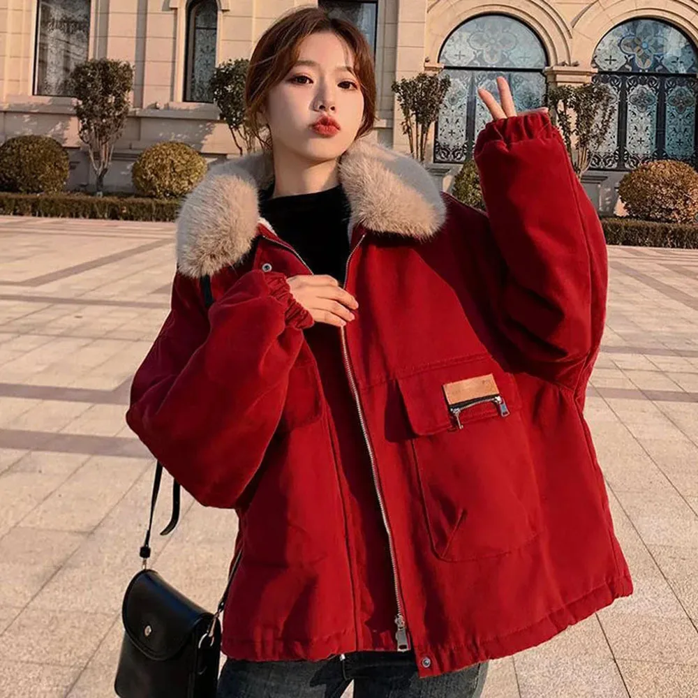 

Korean Faux Fur Collar Parka Women Winter Jacket Fashion Loose Warm Plush Lininer Outwear Female Elegant Zipper Plus Velvet Coat