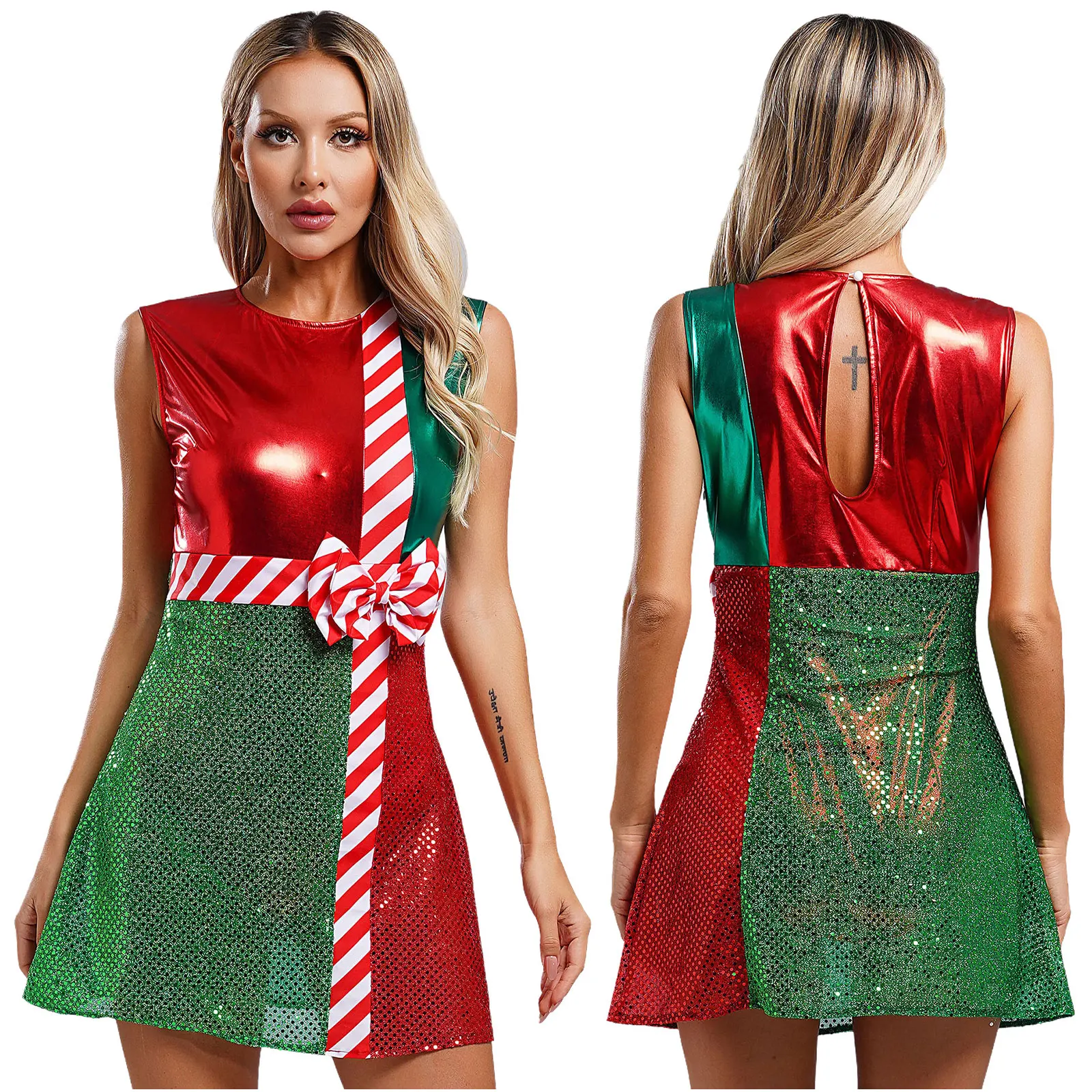 Women Christmas Santa Elf Costume Shiny Sequins Bowknot Dress Ballet Dance Skating Leotard Tutu for Xmas Carnival New Year Party