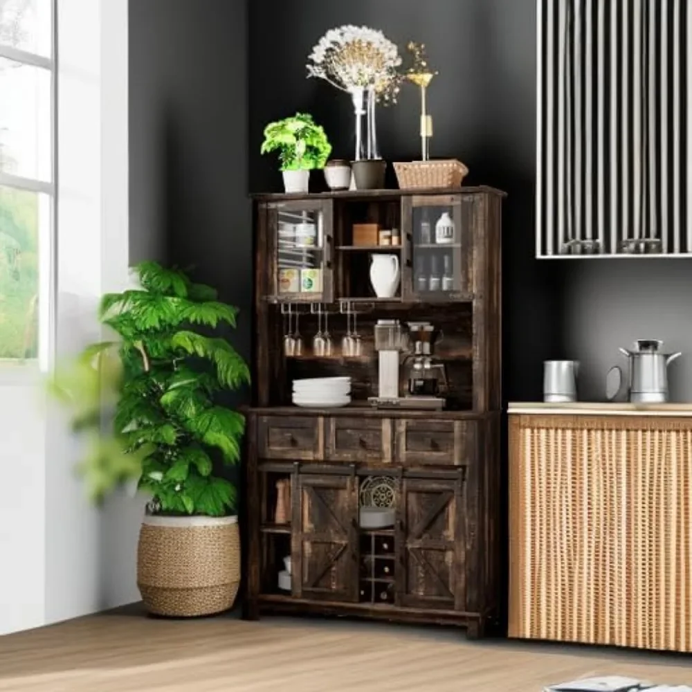 72" Coffee Bar Wine Cabinet with Sliding Barn Door & LED Lights, Sideboard Buffet Cabinet with Wine Bottle Rack, 3 Drawers