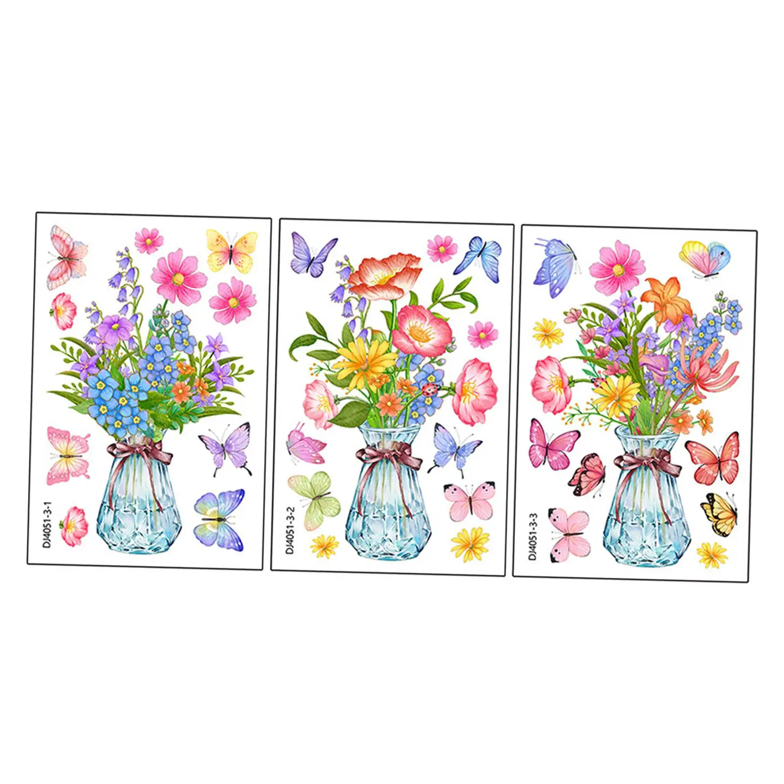 3 Sheets Window Stickers Flowers Butterflies Flower Vase Summer Glass Window Clings for Bedroom Living Room Office Home School