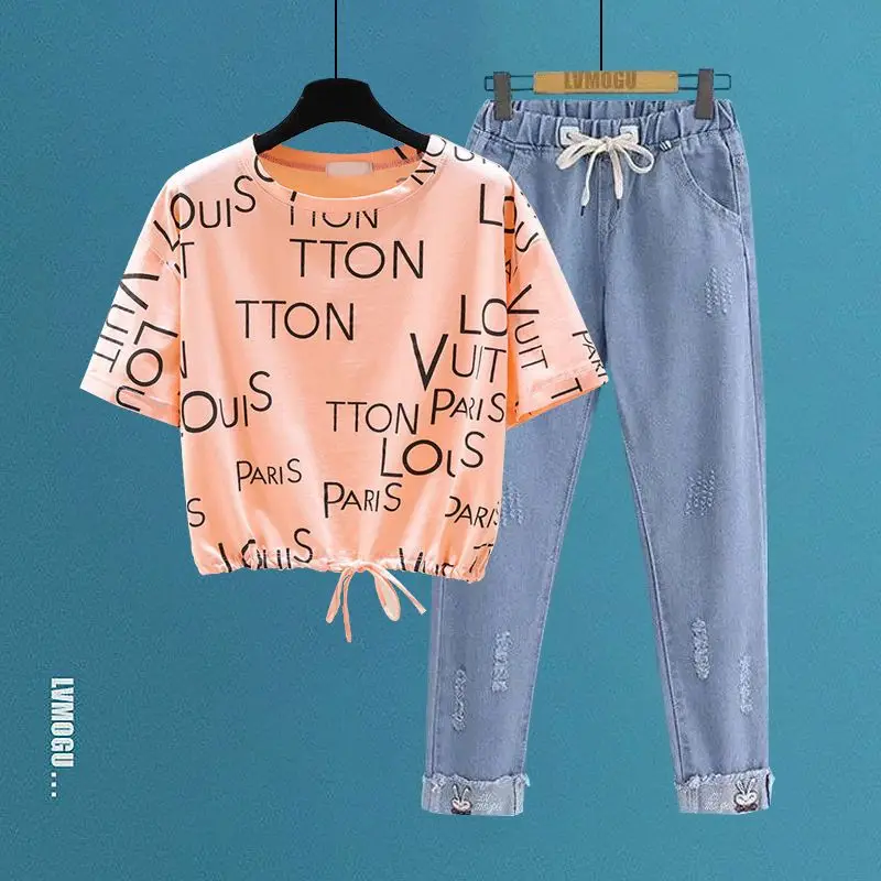 Fashionable Women's Set Spring/Summer New Fashion Versatile Design Sense Letter T-shirt Perforated Jeans Two Piece Set
