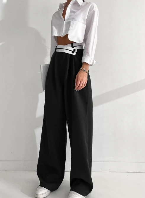 2023 New Fashion Commuting Versatility High Waist Contrast Color Suit Pants Women Casual Drape Floor Mop Pants Wide Leg Pants