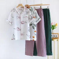 2026 Japanese Summer New Women's Pajama Set Short Sleeve+Long Pants Two piece Set 100%Cotton Thin Cardigan Home Furnishing Fresh - Image 4