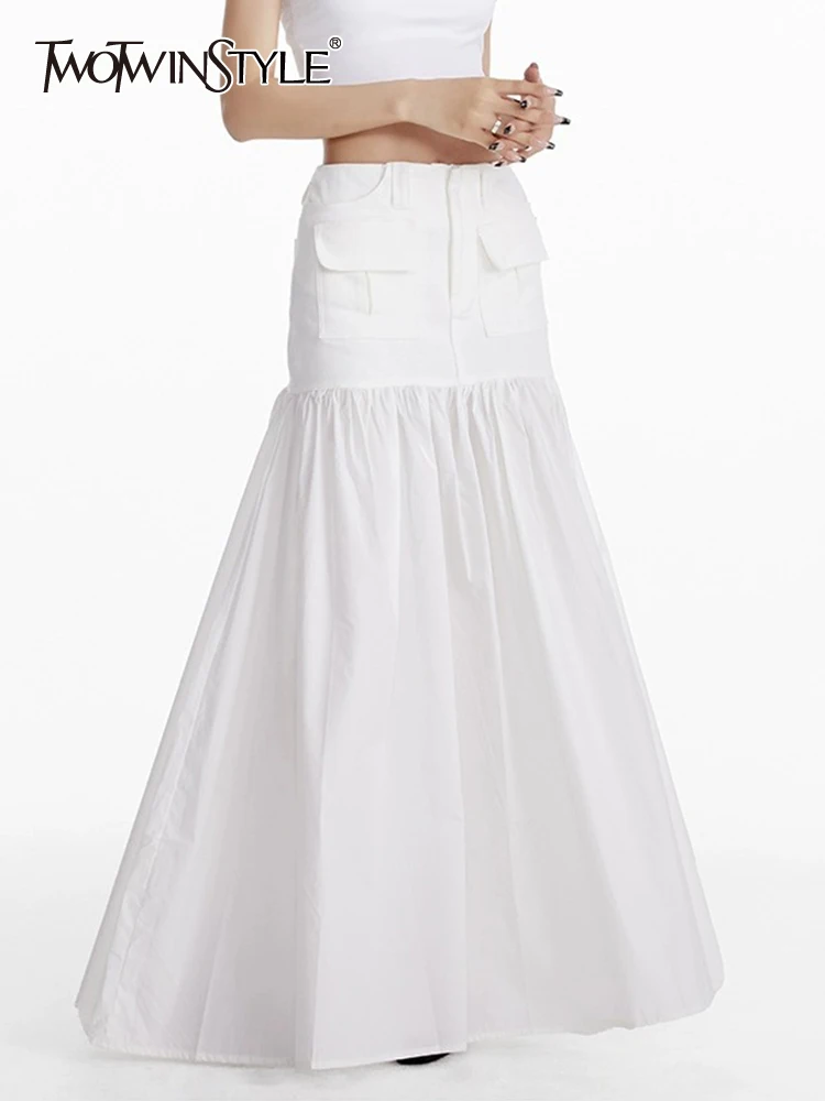 

TWOTWINSTYLE Solid Patchwork Folds Skirts For Women High Waist Minimalist Safari Style A Line Skirt Female Fashion Clothing 2023