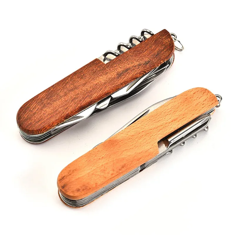 1 Piece 11 in 1 Multi Function Folding Pocket Knife with Wooden Handle Keychain Outdoor Camping Survival Tool Folding Knife