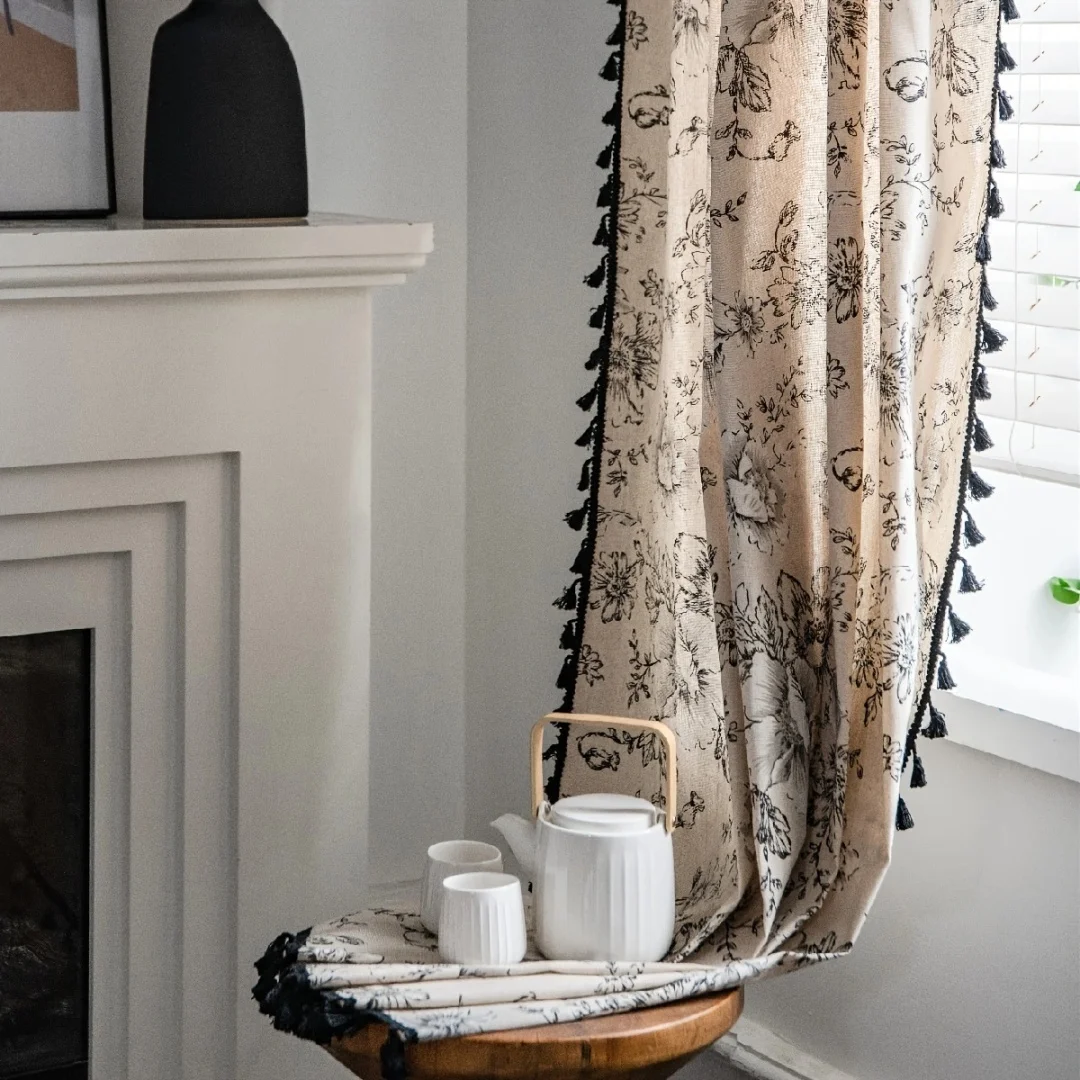 Rose cotton and linen printed semi blackout American style farmhouse wind pole pocket black tassel finished curtain 1PC 6
