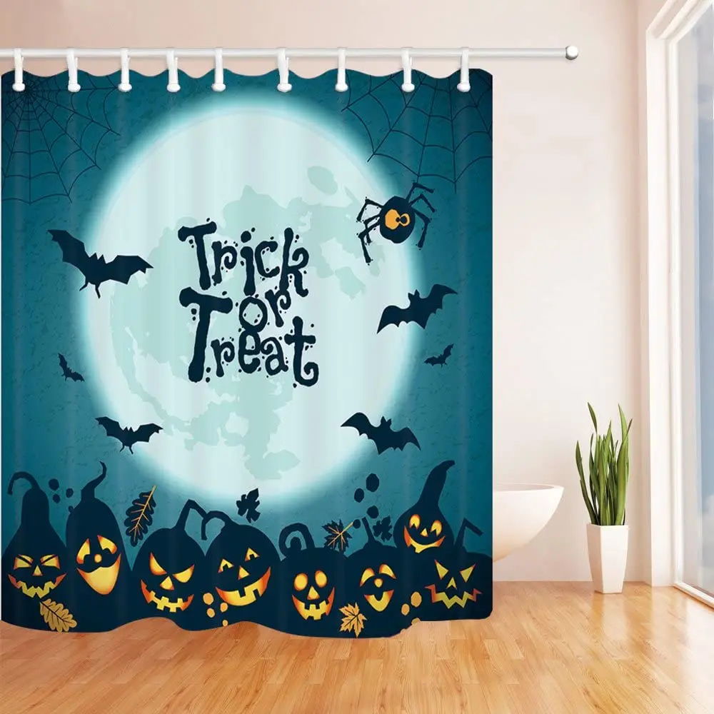 

На Хэллоуин с надписью Trick or Treat занавеска для душа, веселые тыквы с Луной и летучими мышами, Полиэстеровая ткань, занавеска для ванной комнаты, водонепроницаемая