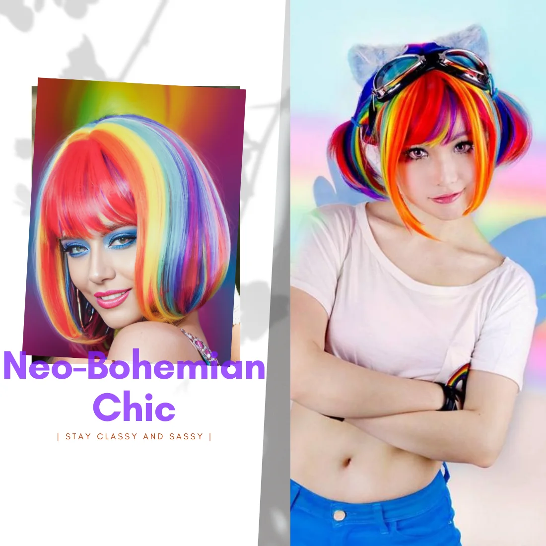 Multicolor Rainbow Wig Short Bob Wig With Bangs Curly Wavy