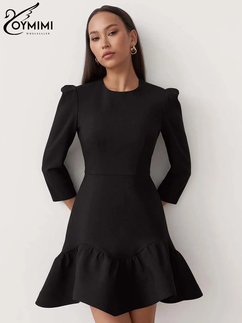 

Oymimi Elegant Black O-Neck Women's Dress Fashion Three Quarter Sleeve Solid Dresses Casual High Waisted Ruffled Mini Dresses