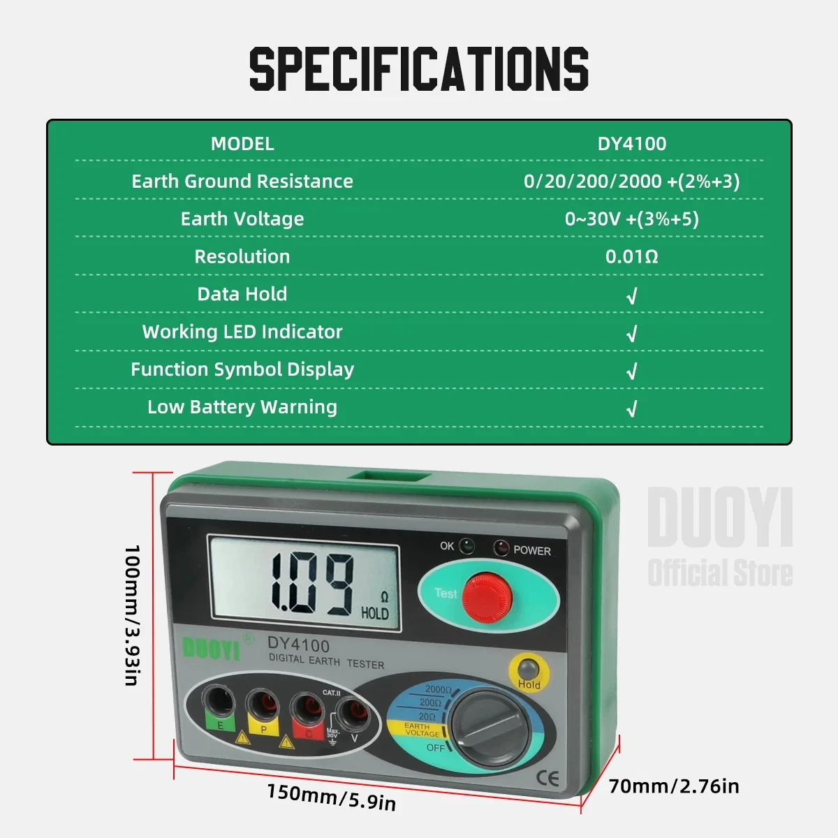 Digital Earth Ground Resistance Meter Meg-ohmmeter 0-2000 Ohm Instruments Inspection Electrician Resistance Tester DY4100