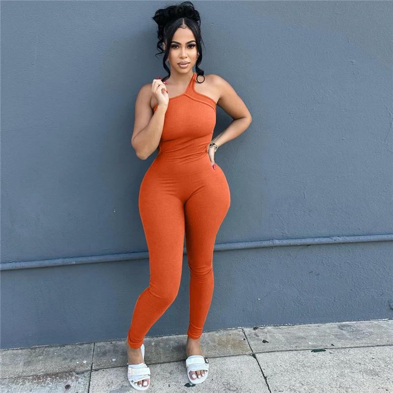 Casual Solid Jumpsuits Women Clothing Bodyshaping Knit Ribbed Skinny