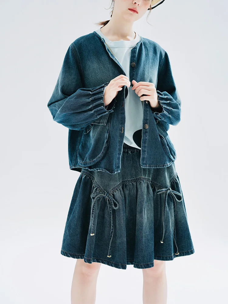 imakokoni 2023 Early autumn original design nostalgic washed short denim jacket women thin 234239