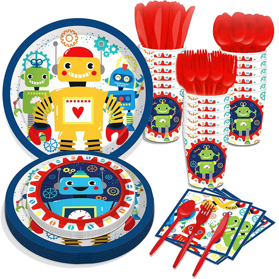 Robot verjaardagsfeestdecoratie en robot-accessoires voor jongens en meisjes, inclusief borden, tafelkleed, servetten, servies, serveert 20